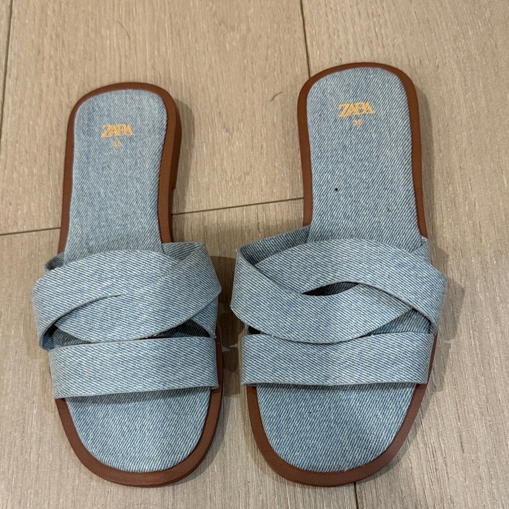 Zara Light Blue Denim Criss-Cross Slides